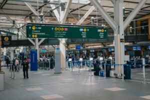 Bright modern airport terminal interior