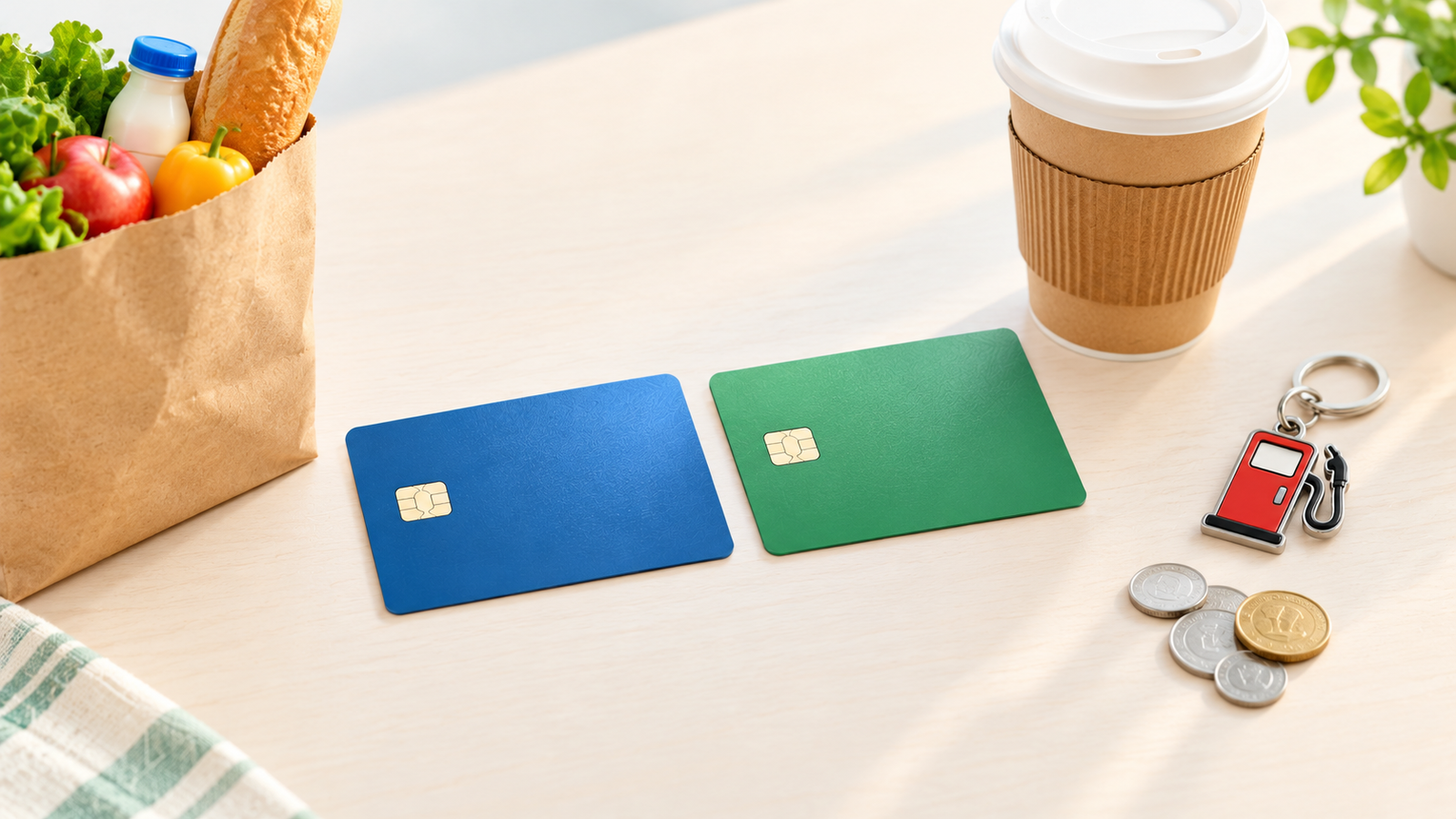 Two credit cards with everyday purchases, comparing flat-rate and tiered cash back rewards