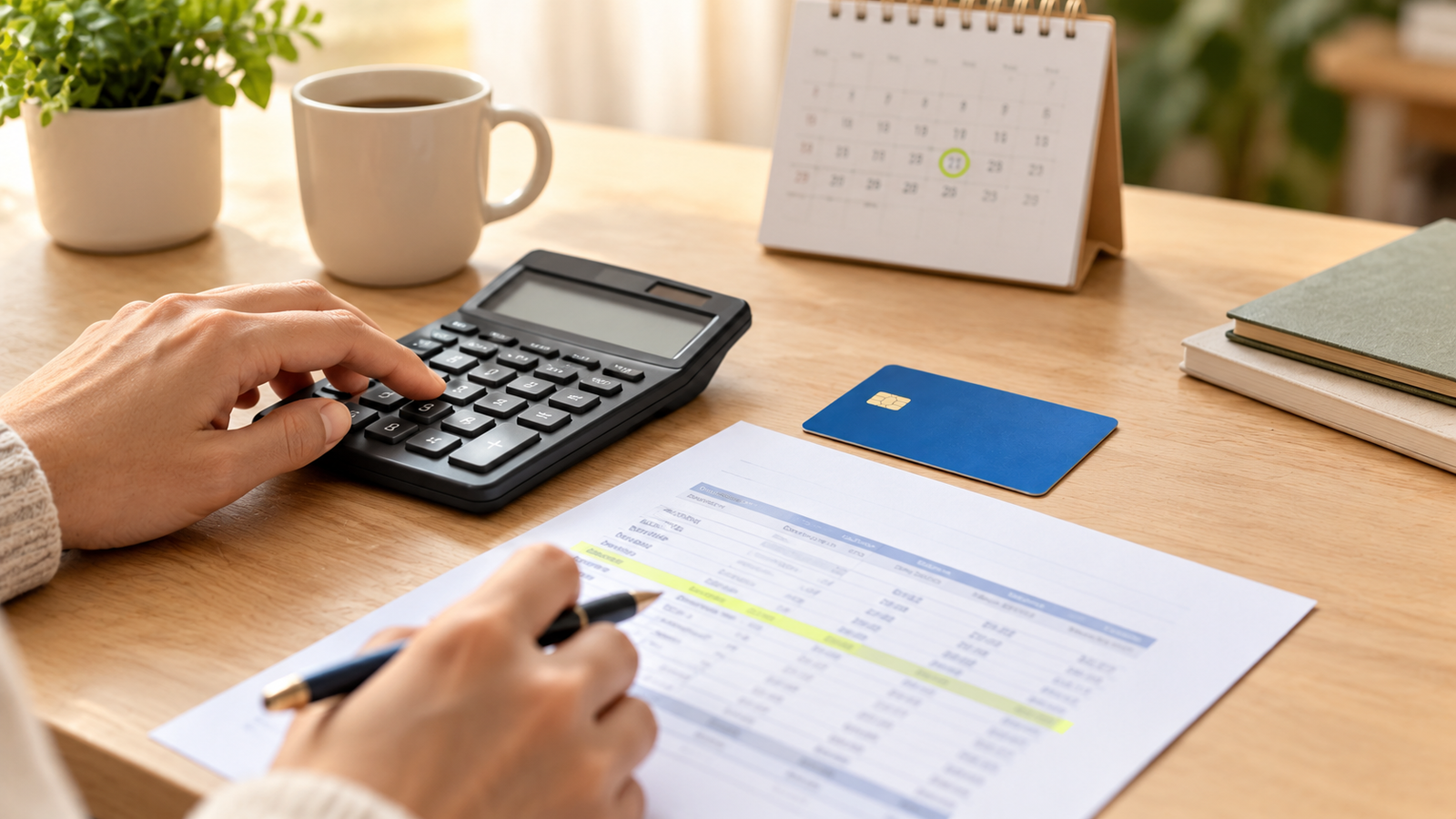 Calculator, credit card and monthly statement used to calculate credit card interest and APR