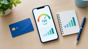 Credit card and smartphone showing a credit score gauge, illustrating how credit utilization affects your credit score