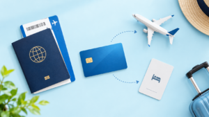 Passport, boarding pass and credit card showing how to transfer credit card points to airline and hotel partners